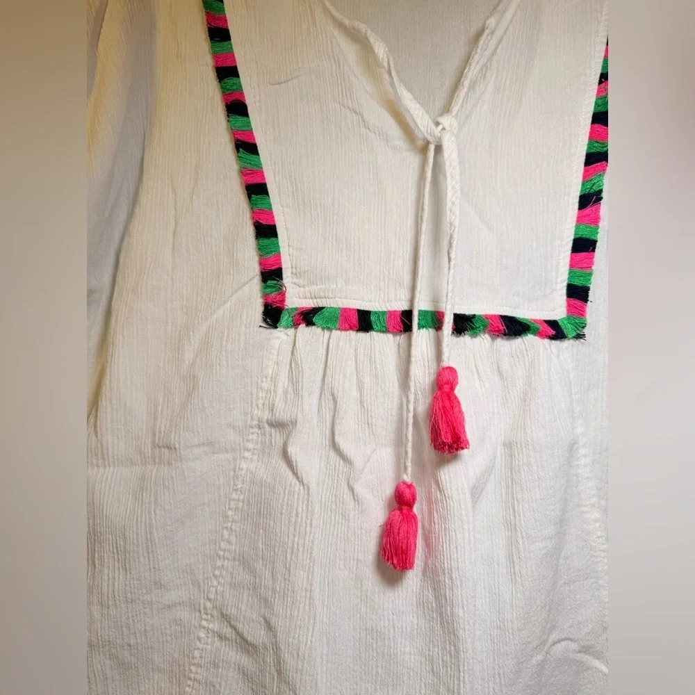 J. Crew MEDIUM Tunic Cover Up White Crepe Colorful Front V Neck Tassels Beach